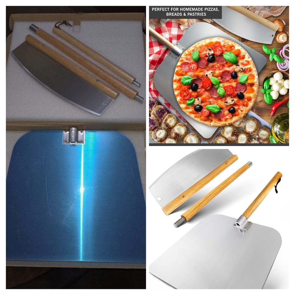 Teikis NWT Stainless Steel Pizza Rocker And Pizza Board With Wooden Handles